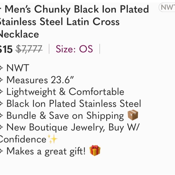 † Men’s Chunky Black Ion Plated Stainless Steel Latin Cross Necklace - Picture 6 of 8